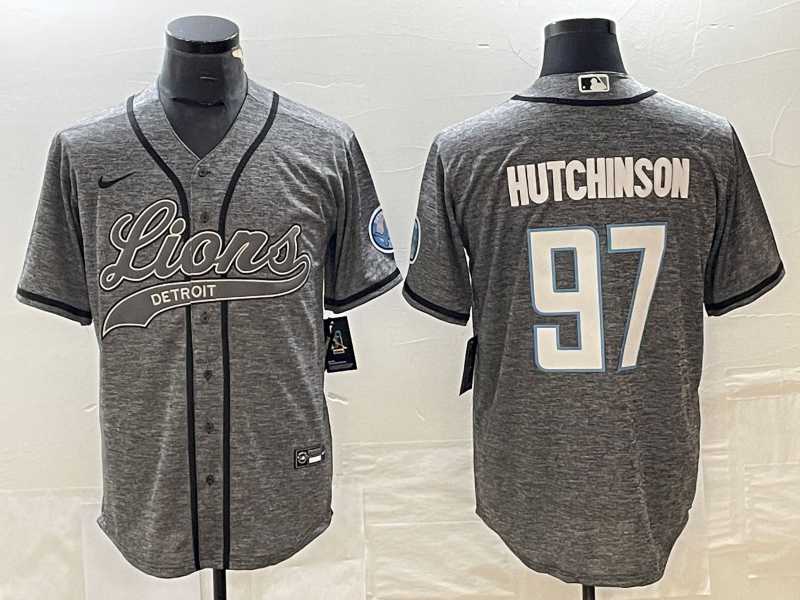 Men%27s Detroit Lions #97 Aidan Hutchinson Grey Gridiron With Patch Cool Base Baseball Limited Jersey->detroit lions->NFL Jersey
